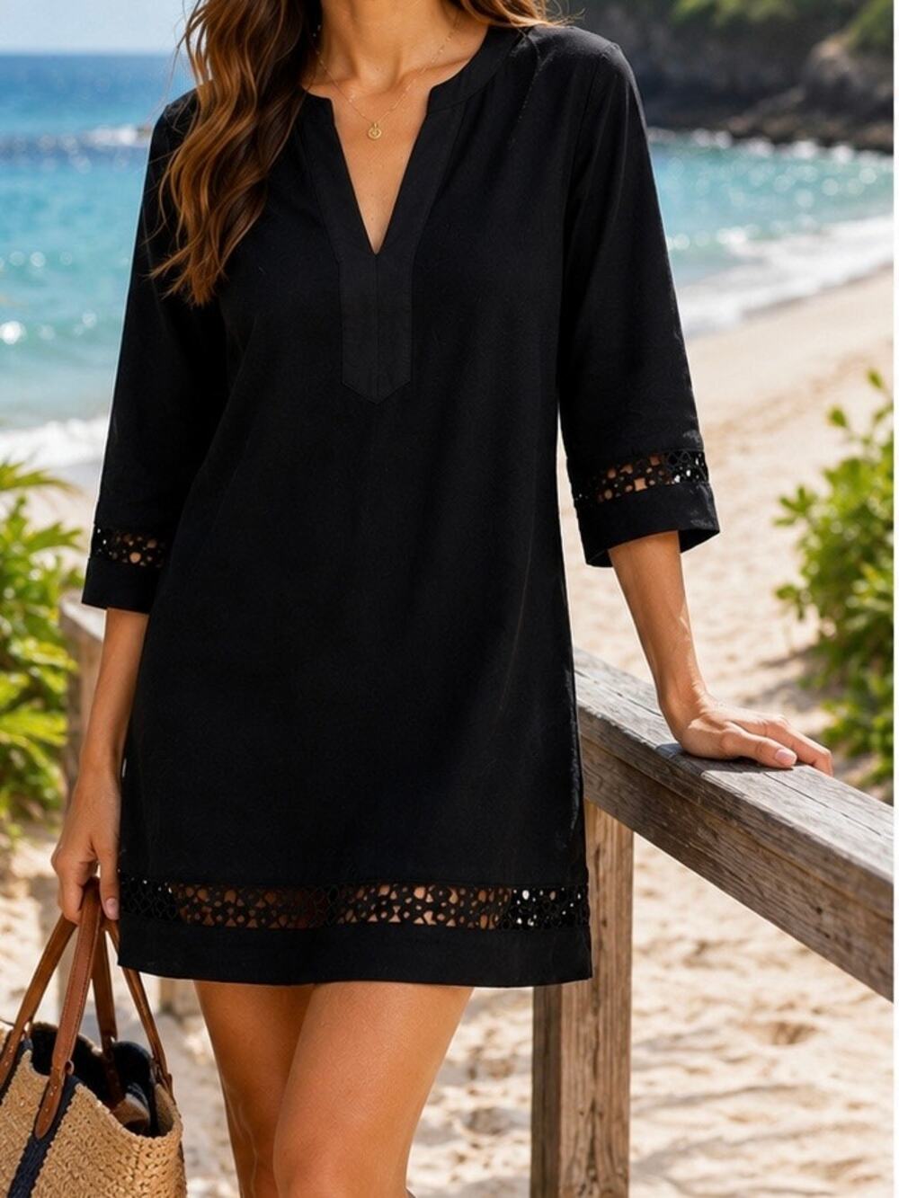 J.Crew Black Cotton Tunic Dress Cover-Up Eyelet Trim 3/4 Sleeve Size Small